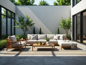 Modułowa sofa ogrodowa szara z drewnianą ramą i pufą