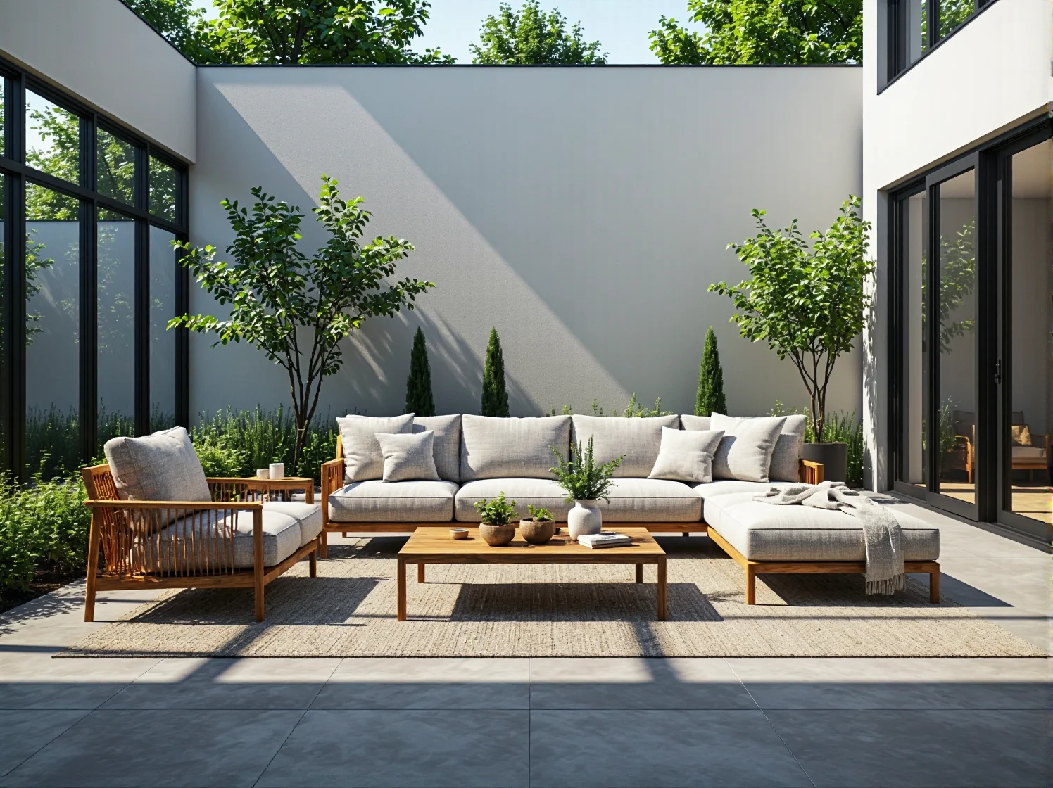 Modułowa sofa ogrodowa szara z drewnianą ramą i pufą