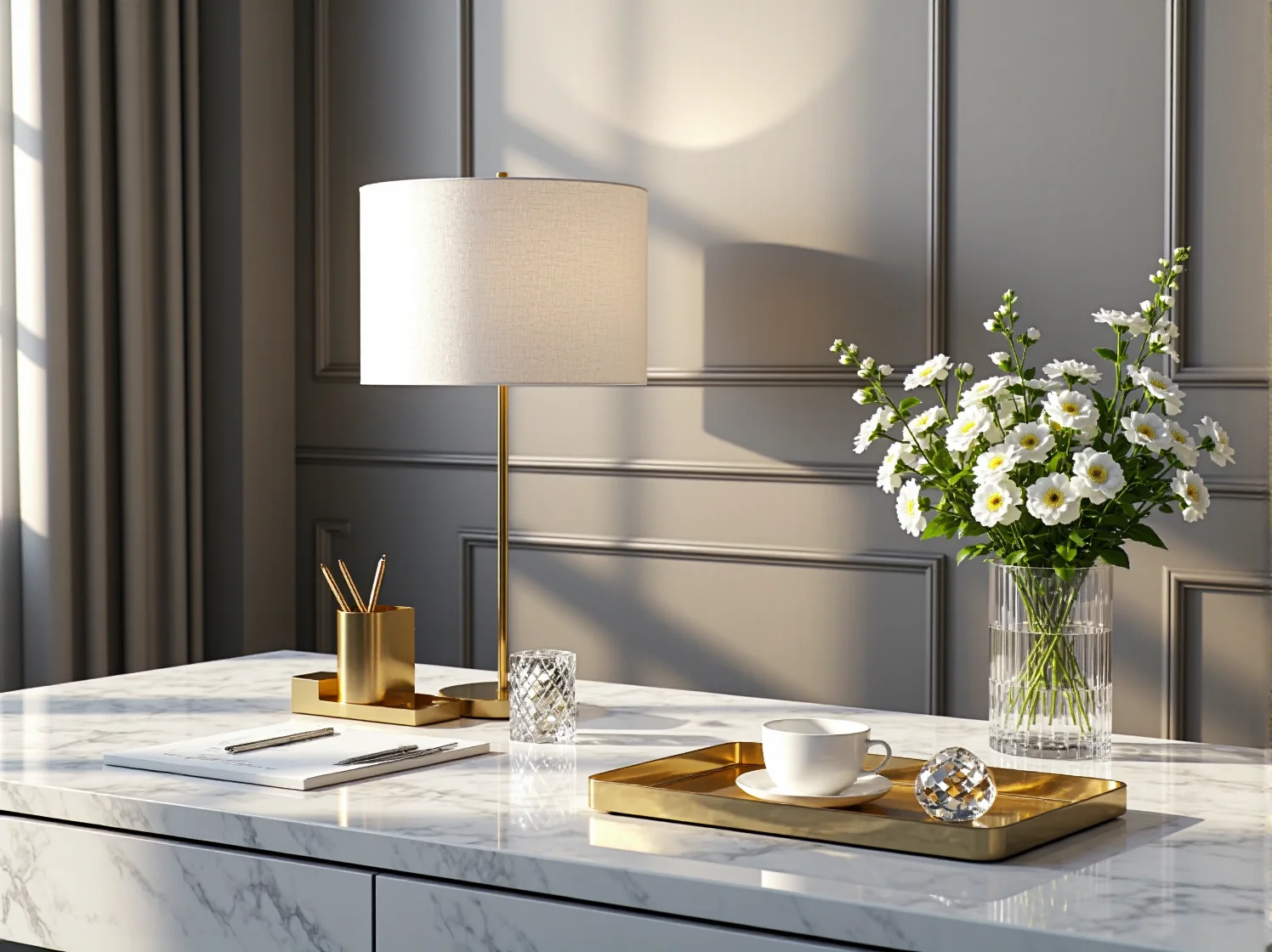 Nowoczesna przestrzeń biurowa w stylu glamour z aksamitnym fotelem i eleganckim oświetleniem.