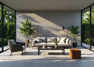 Nowoczesna sofa beżowa z szarym fotelem i stolikiem kawowym