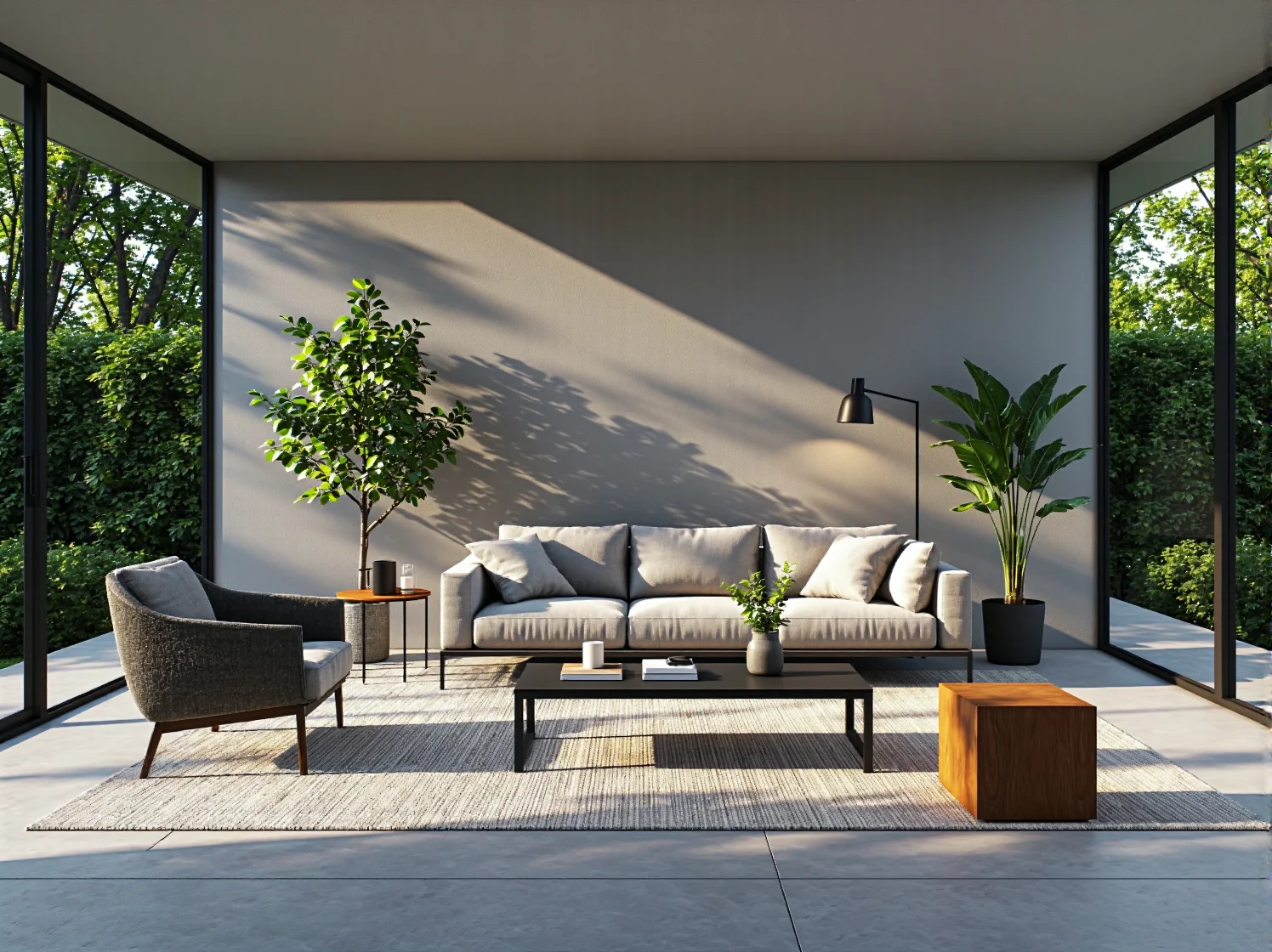 Nowoczesna sofa beżowa z szarym fotelem i stolikiem kawowym