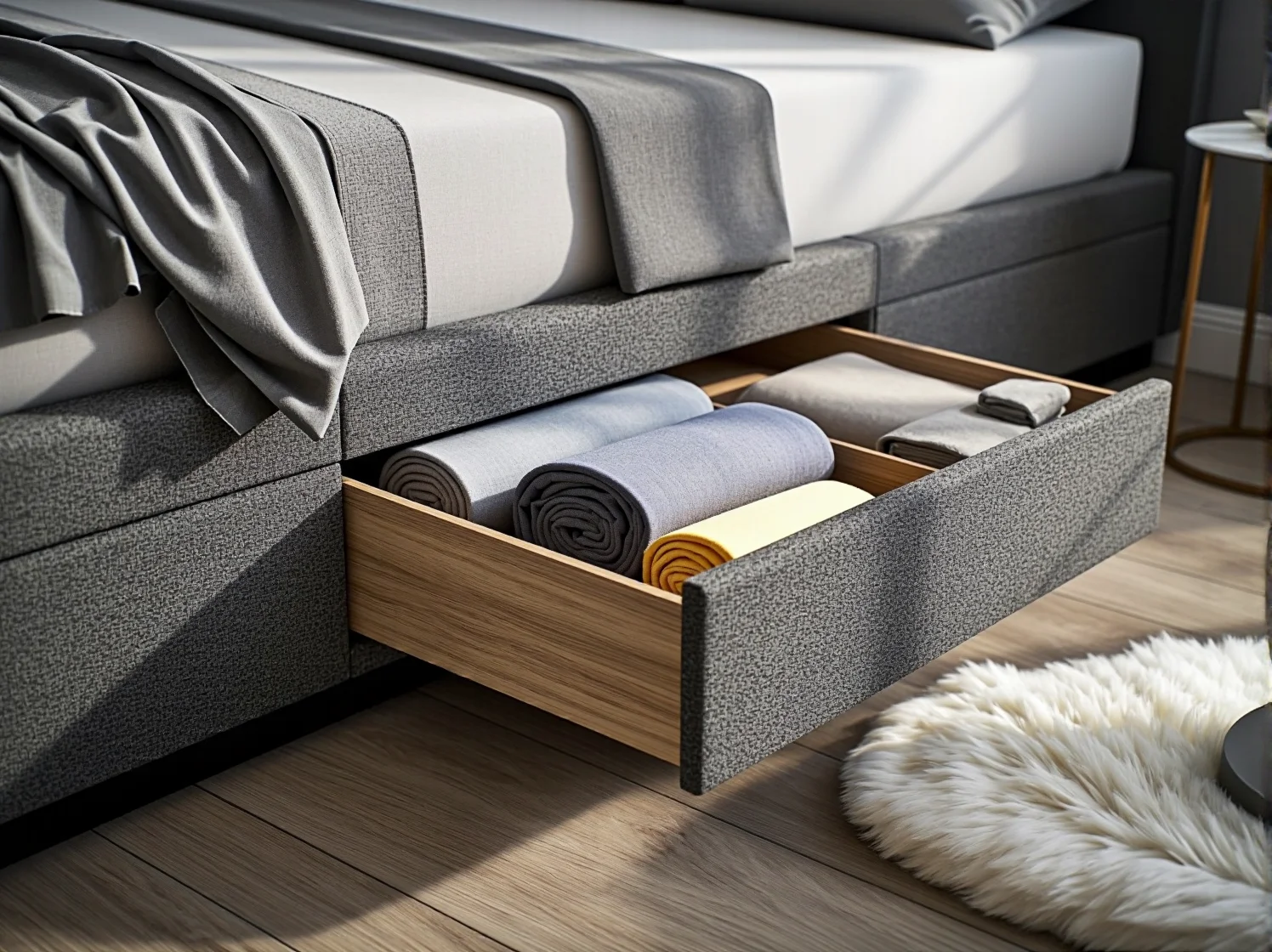 Wygodne łóżko kontynentalne z praktycznymi szufladami ułatwiające organizację sypialni.