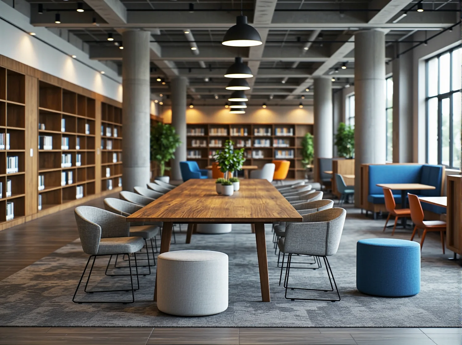 Nowoczesne meble do strefy coworkingowej w bibliotece wspierające produktywność użytkowników.