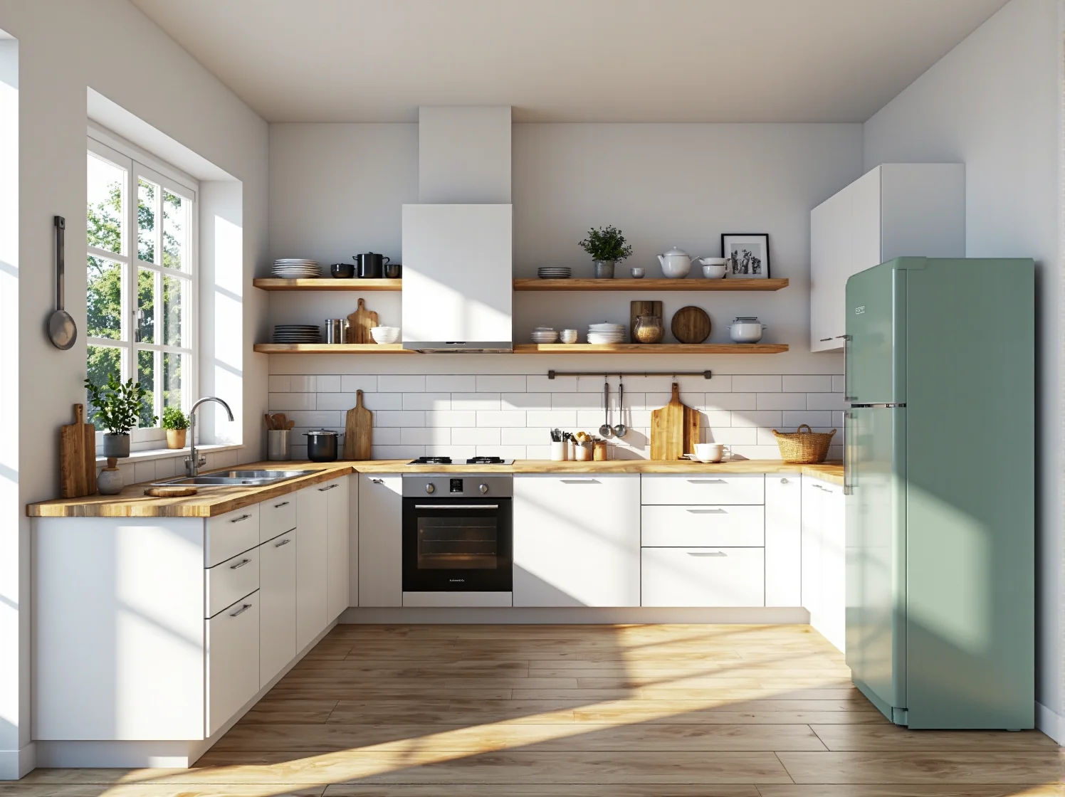 Białe meble kuchenne modułowe z drewnianym blatem i otwartymi półkami