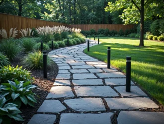 Czarne słupki oświetleniowe LED wzdłuż kamiennej ścieżki ogrodowej