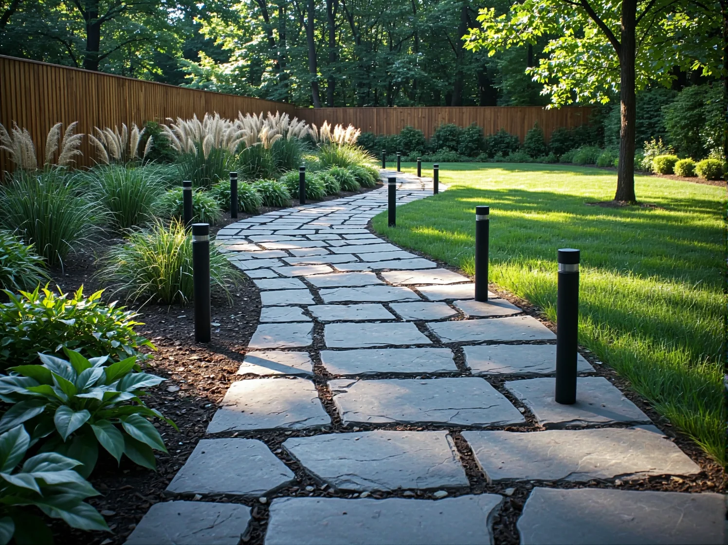 Czarne słupki oświetleniowe LED wzdłuż kamiennej ścieżki ogrodowej