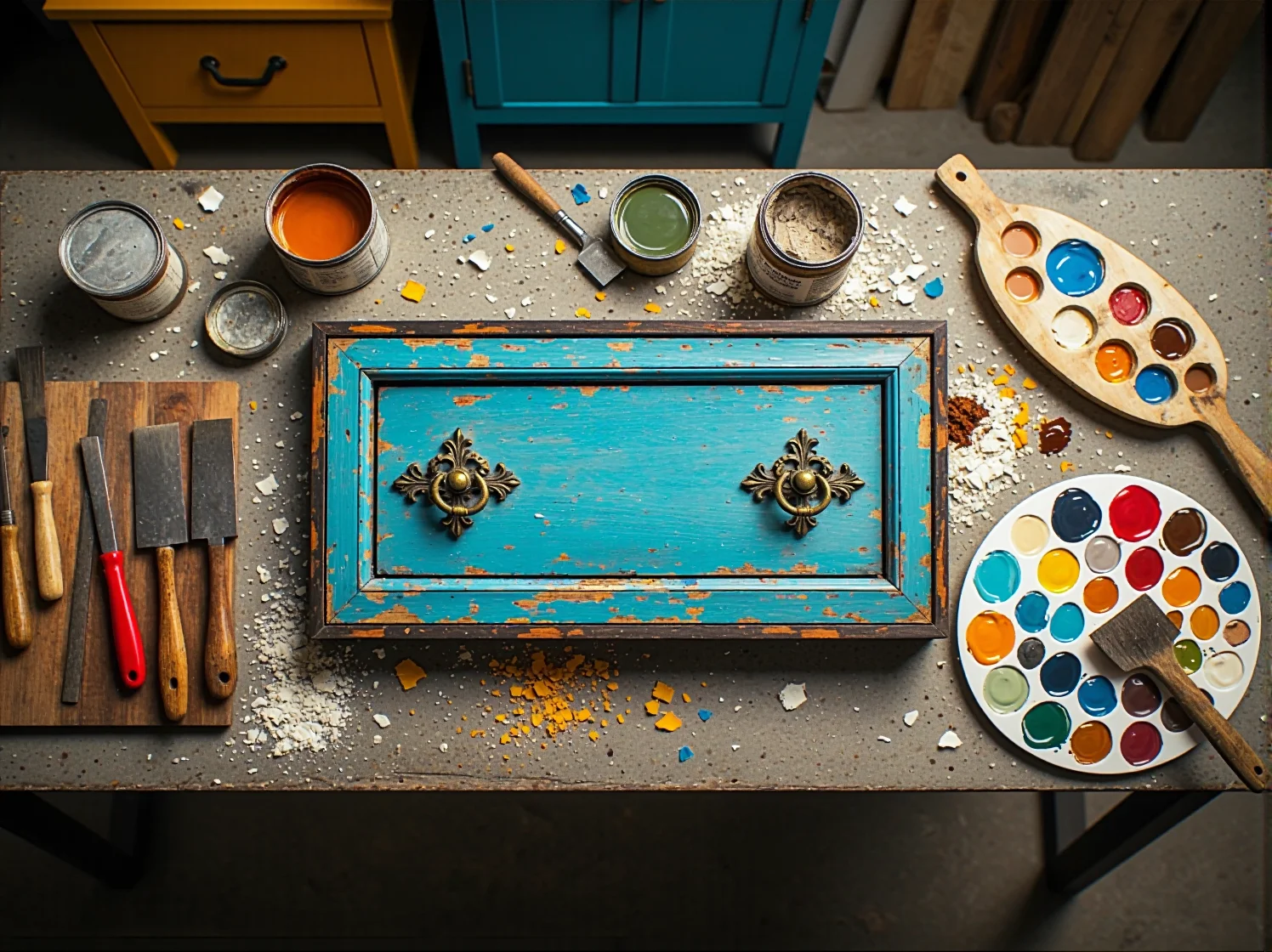 Odnawianie powierzchni mebla poprzez lakierowanie, przywracające blask starym elementom wyposażenia.