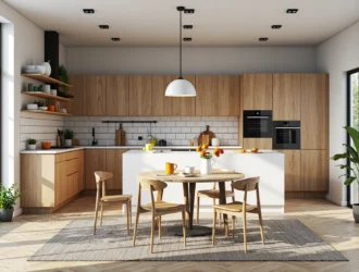 Drewniane krzesła dębowe przy okrągłym stole w stylu skandynawskim