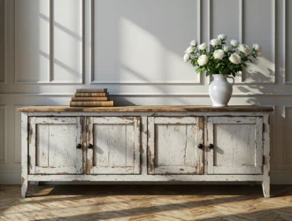 Komoda shabby chic biała postarzana z drewnianym blatem i czarnymi uchwytami