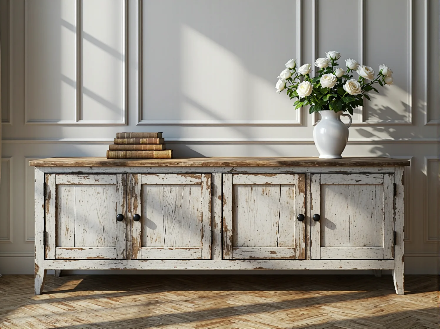 Komoda shabby chic biała postarzana z drewnianym blatem i czarnymi uchwytami