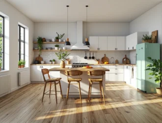 Biała zabudowa kuchenna ze skandynawską wyspą i drewnianym blatem