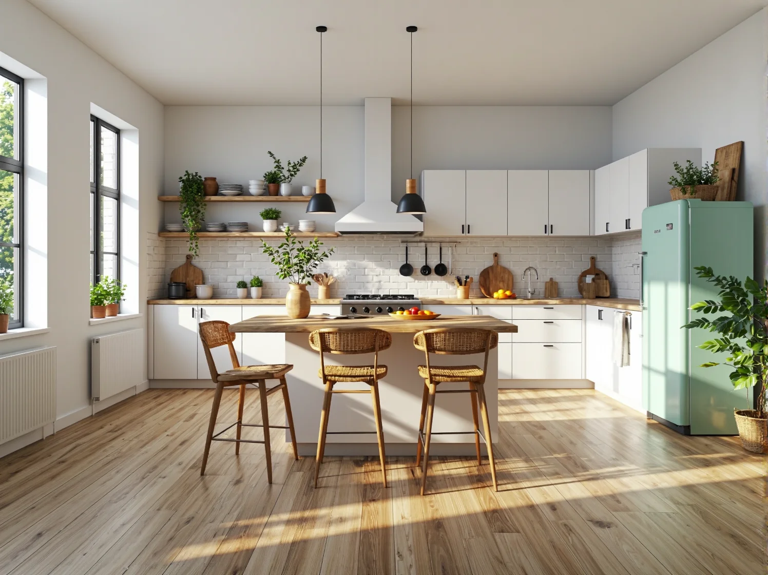 Biała zabudowa kuchenna ze skandynawską wyspą i drewnianym blatem