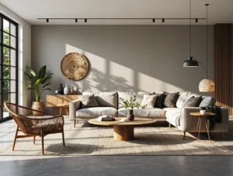 Niska komoda drewniana dąb naturalny w stylu boho z rattanowymi akcentami