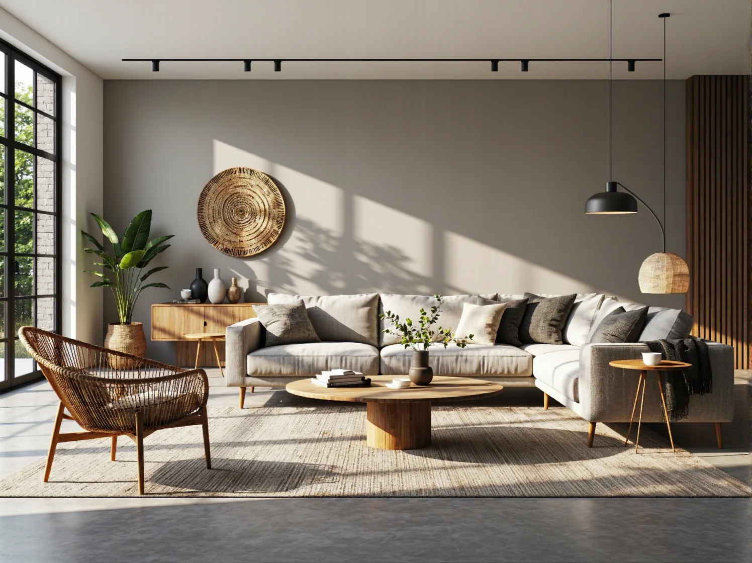 Niska komoda drewniana dąb naturalny w stylu boho z rattanowymi akcentami