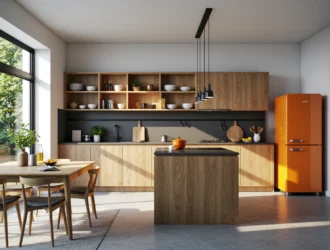 Industrialne lampy wiszące czarne nad wyspą kuchenną z dębu