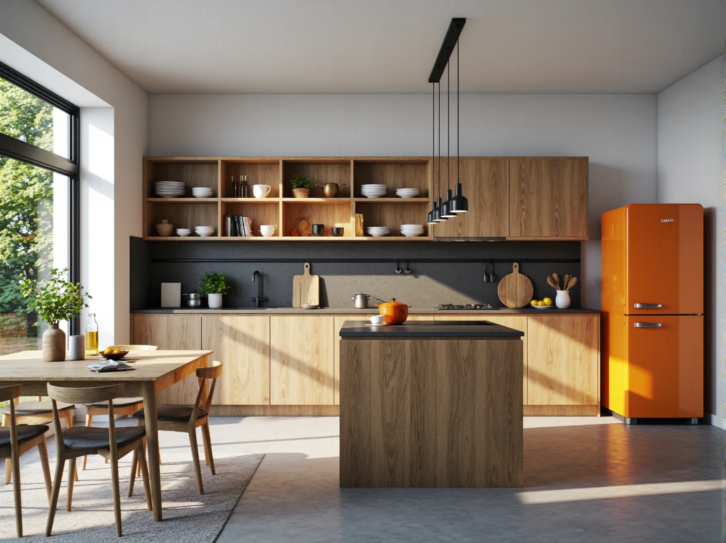 Industrialne lampy wiszące czarne nad wyspą kuchenną z dębu