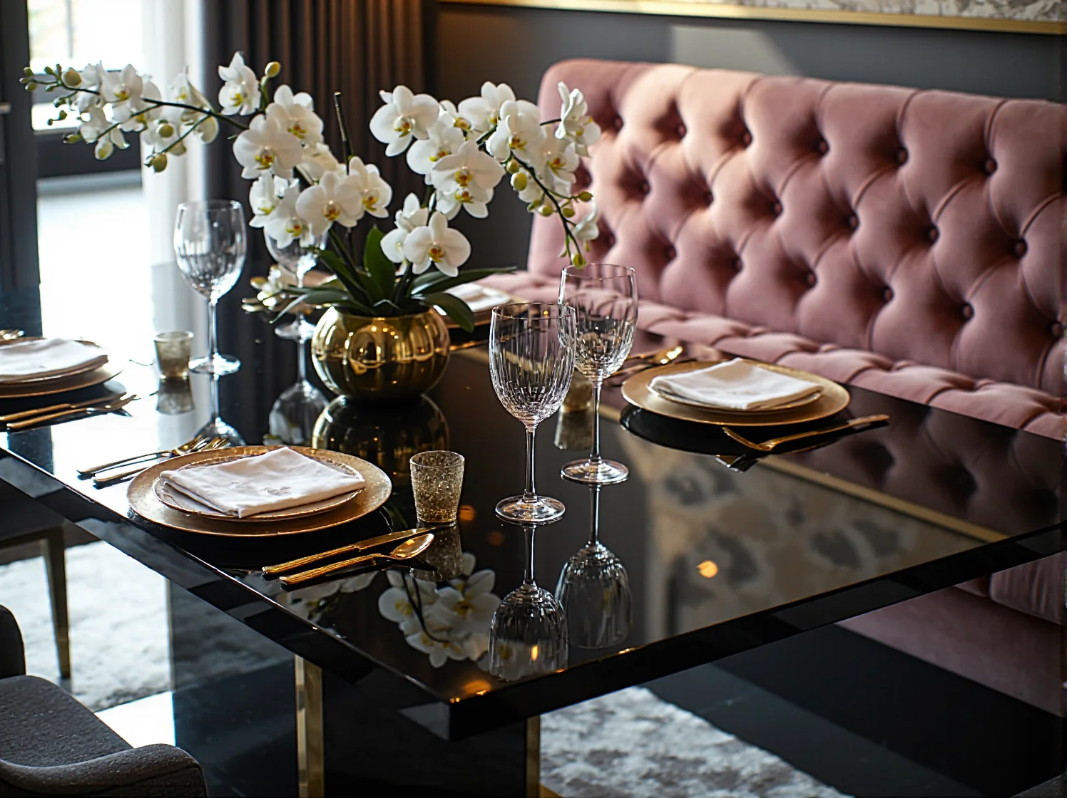 Okrągły stół glamour z aksamitnymi krzesłami w aranżacji nowoczesnej restauracji.