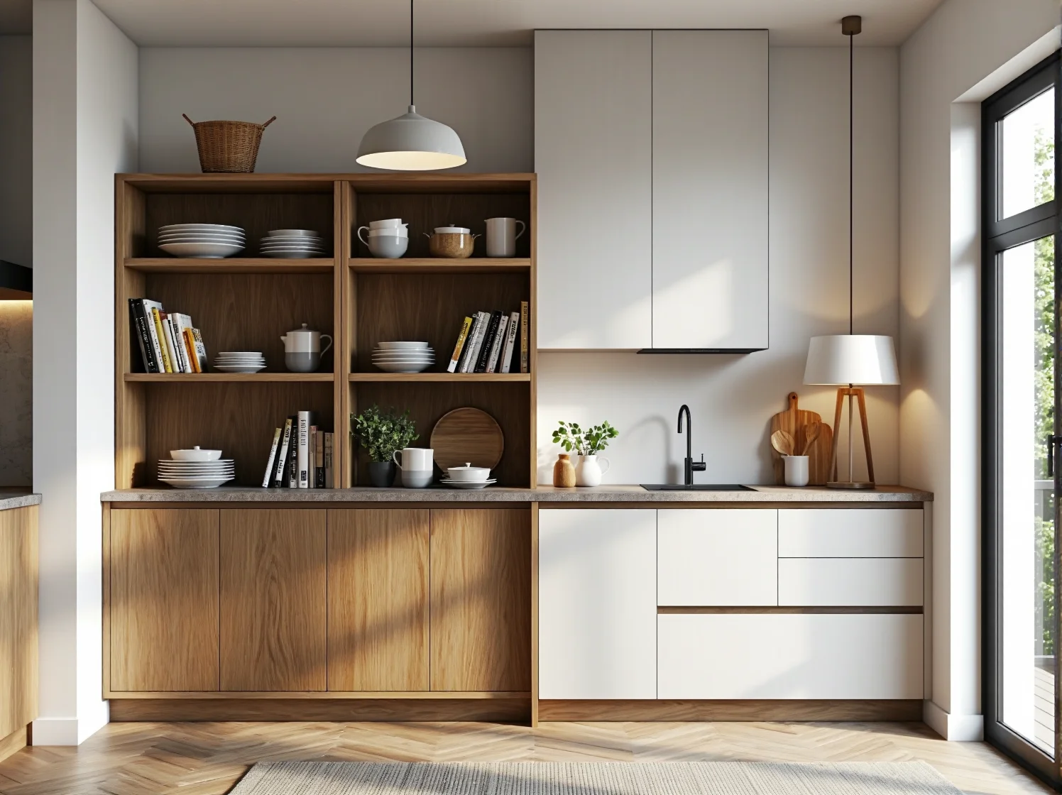 Duże lustro i jasne fronty mebli optycznie powiększające wnętrze kawalerki.