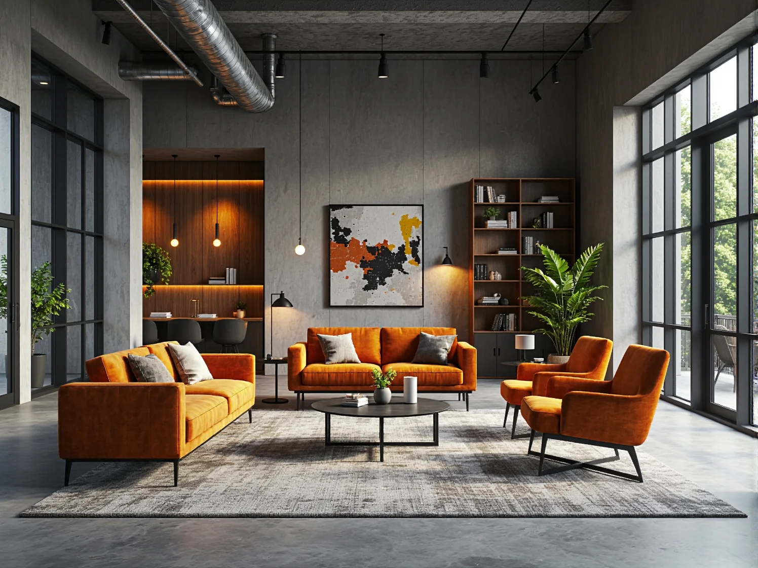 Przestrzeń lounge w hotelu z nowoczesnym oświetleniem industrialnym i metalowymi regałami.