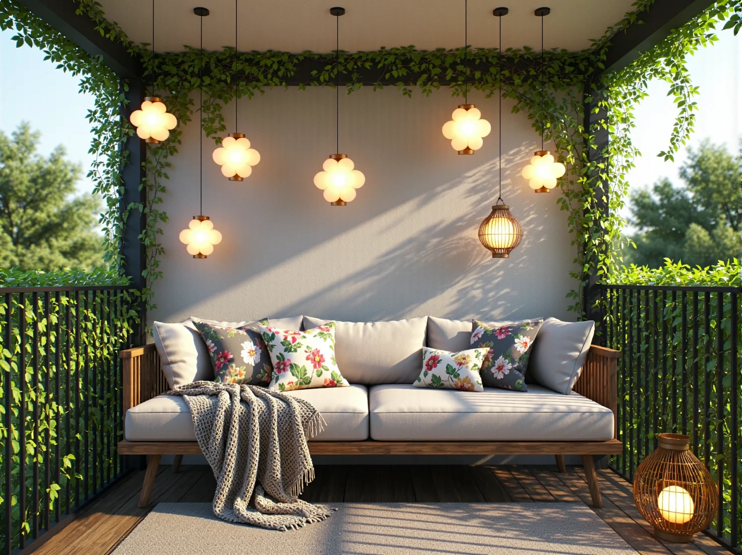 Nastrojowe oświetlenie LED kwiaty zwisające nad drewnianą barierką balkonu