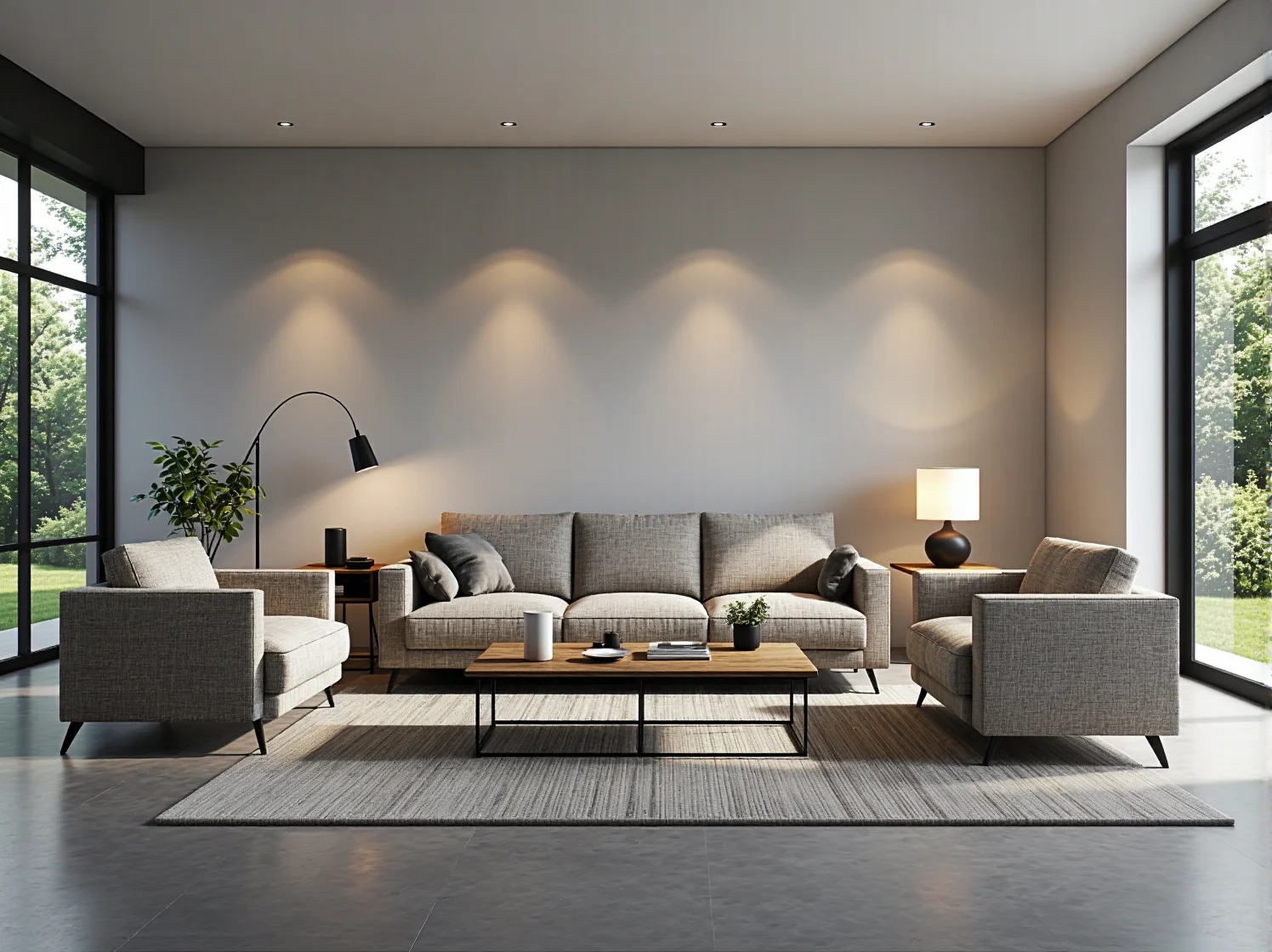 Nowoczesne lampy LED w odcieniu błękitu na drewnianym tarasie skandynawskim z białymi dodatkami.