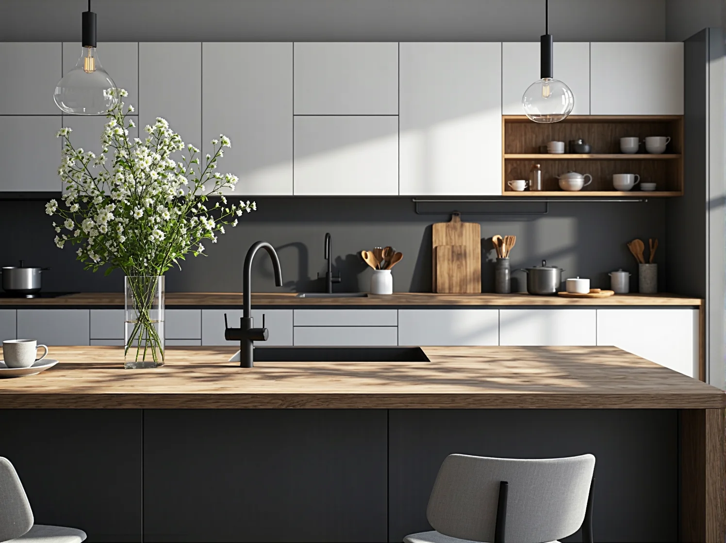 Oświetlenie loftowe w ogrodzie z metalowymi lampami i betonowymi elementami małej architektury