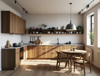 Szara lampa wisząca nad drewnianym stołem z krzesłami