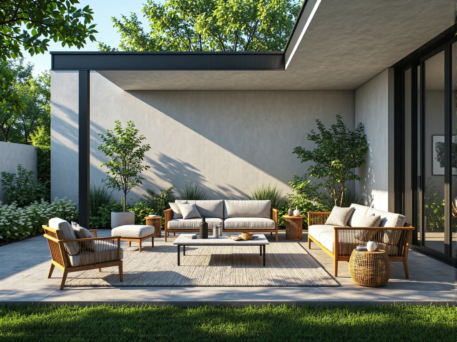 Pergola drewniana z pnączami, oferująca cień i zaciszny kącik w ogrodzie. Trwałe elementy.