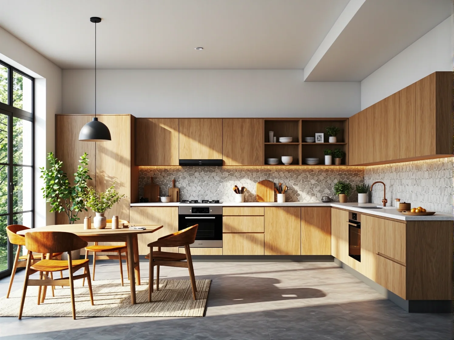 Meble kuchenne dąb z otwartymi półkami i białym blatem