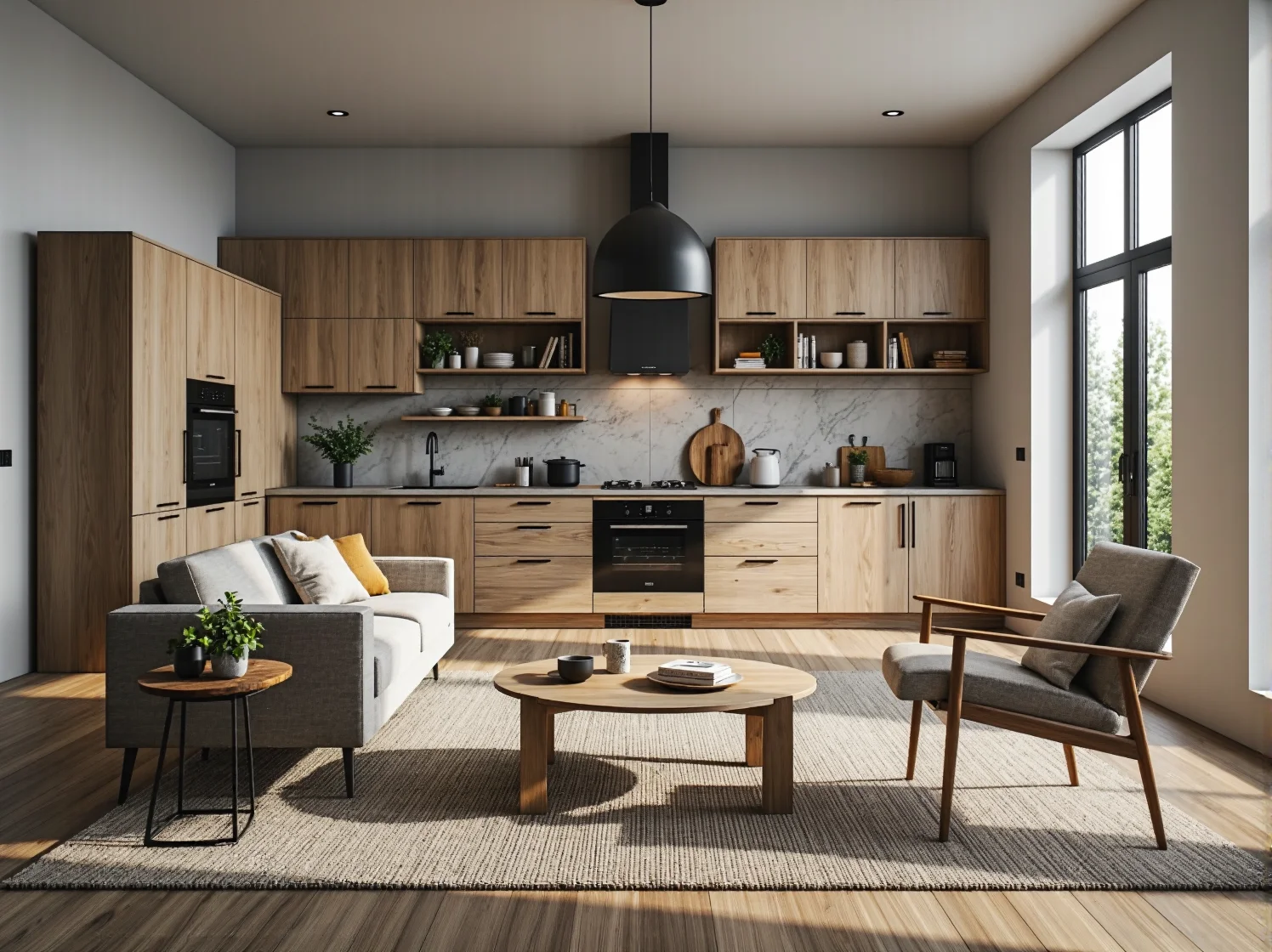 Gotowy, własnoręcznie zrobiony prosty regał na książki w nowoczesnym pokoju