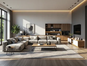 Nowoczesna meblościanka dąb z oświetleniem LED i szafką RTV biało-dębową