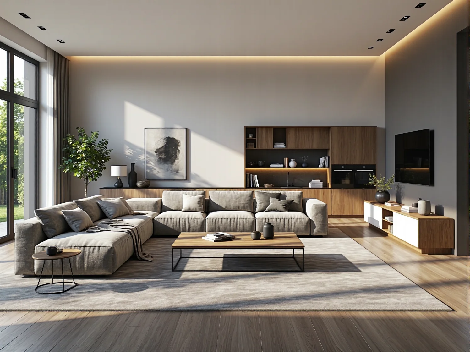 Nowoczesna meblościanka dąb z oświetleniem LED i szafką RTV biało-dębową