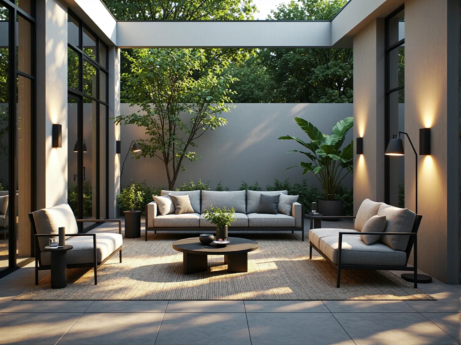 Punktowe oświetlenie architektury ogrodowej i nowoczesnej altany wieczorem