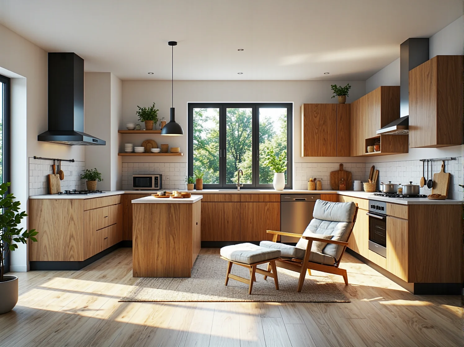 Skandynawski fotel relaksacyjny z drewnianą ramą i szarą tapicerką