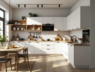 Białe szafki kuchenne z drewnianym blatem i czarnymi uchwytami