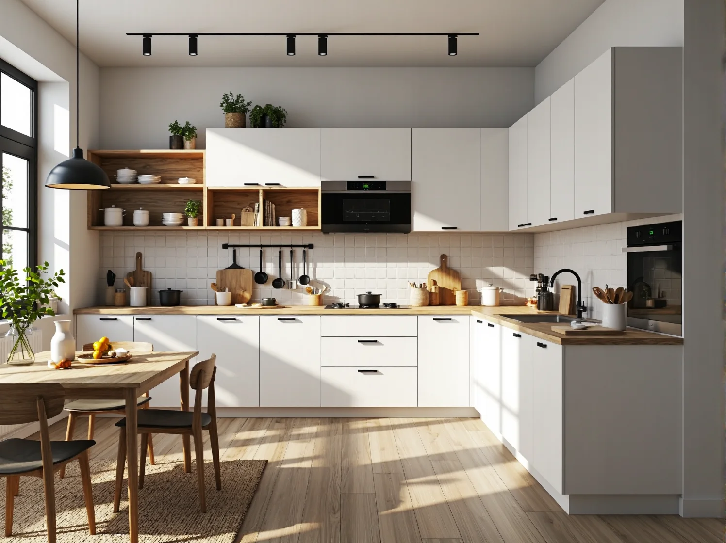 Białe szafki kuchenne z drewnianym blatem i czarnymi uchwytami