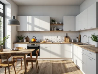 Białe meble kuchenne z drewnianym blatem i metalowymi uchwytami