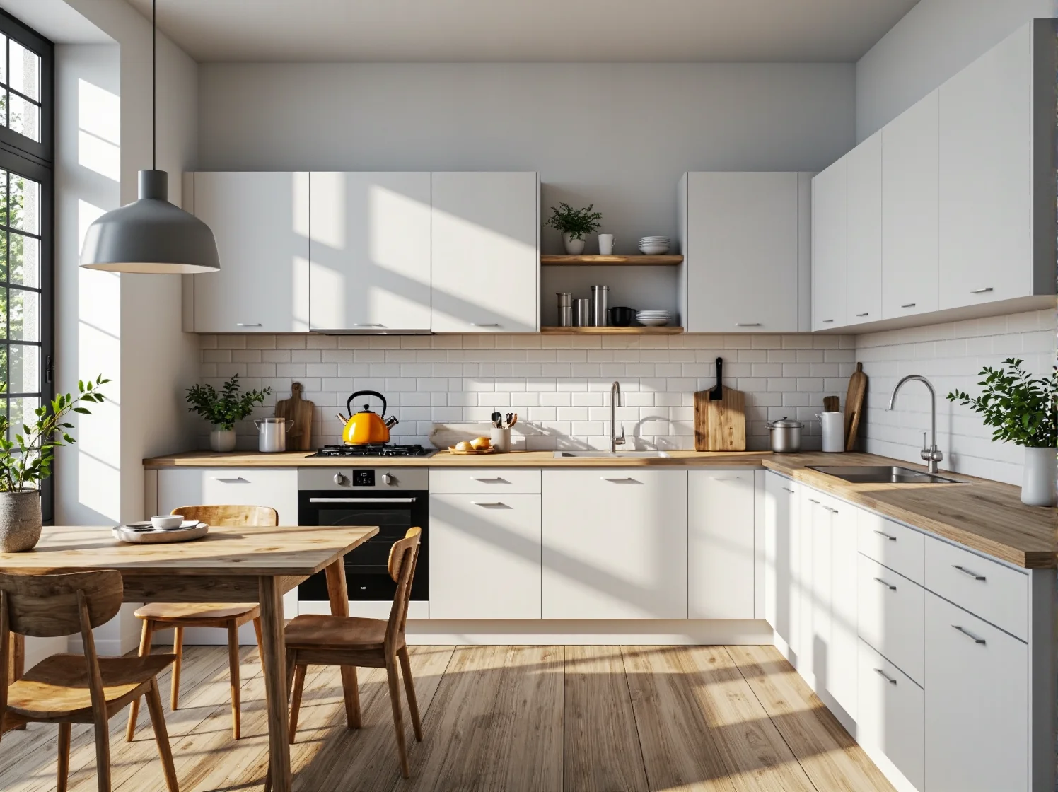 Białe meble kuchenne z drewnianym blatem i metalowymi uchwytami