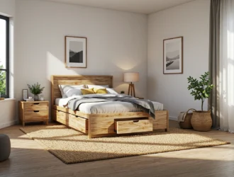 Skandynawskie łóżko drewniane sosnowe z szufladami pod materacem