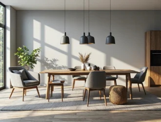 Drewniany stół jadalniany dąb z szarymi tapicerowanymi krzesłami