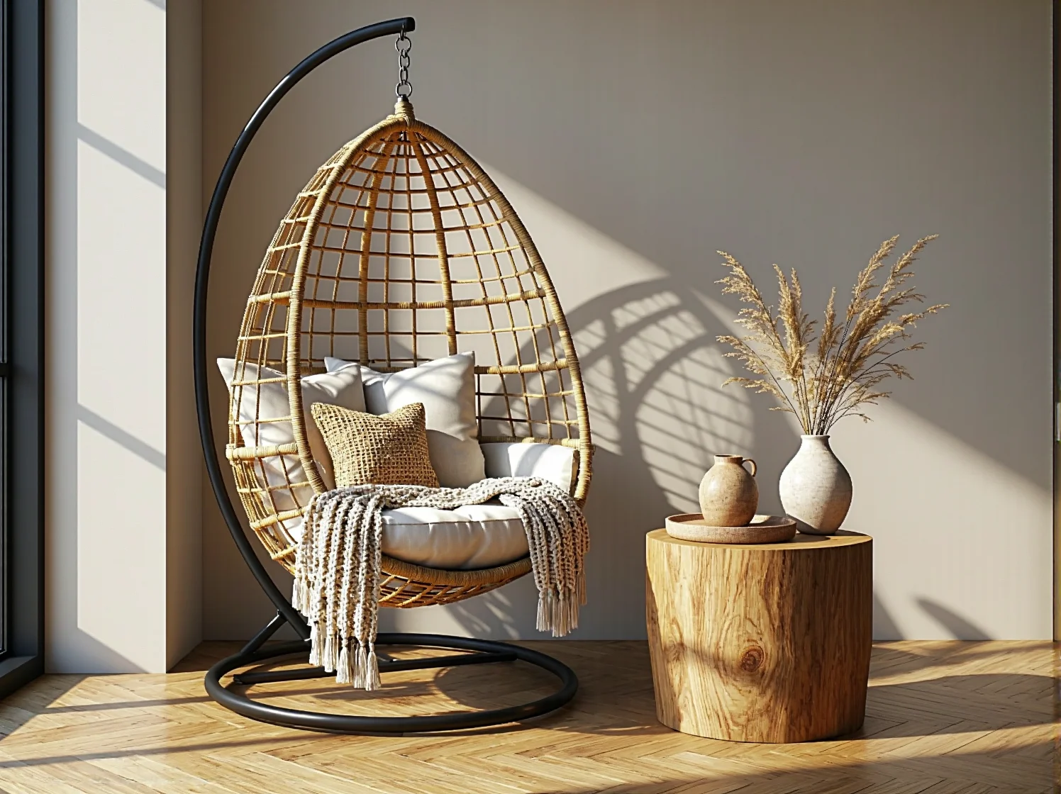 Elegancka strefa relaksu w hotelu z rattanowymi leżakami i tekstyliami boho