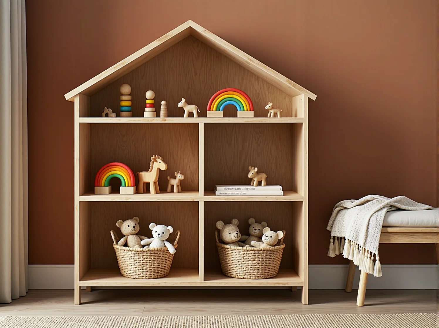 Stylowy regał rattanowy do pokoju dziecka idealnie uzupełniający aranżację w klimacie boho.