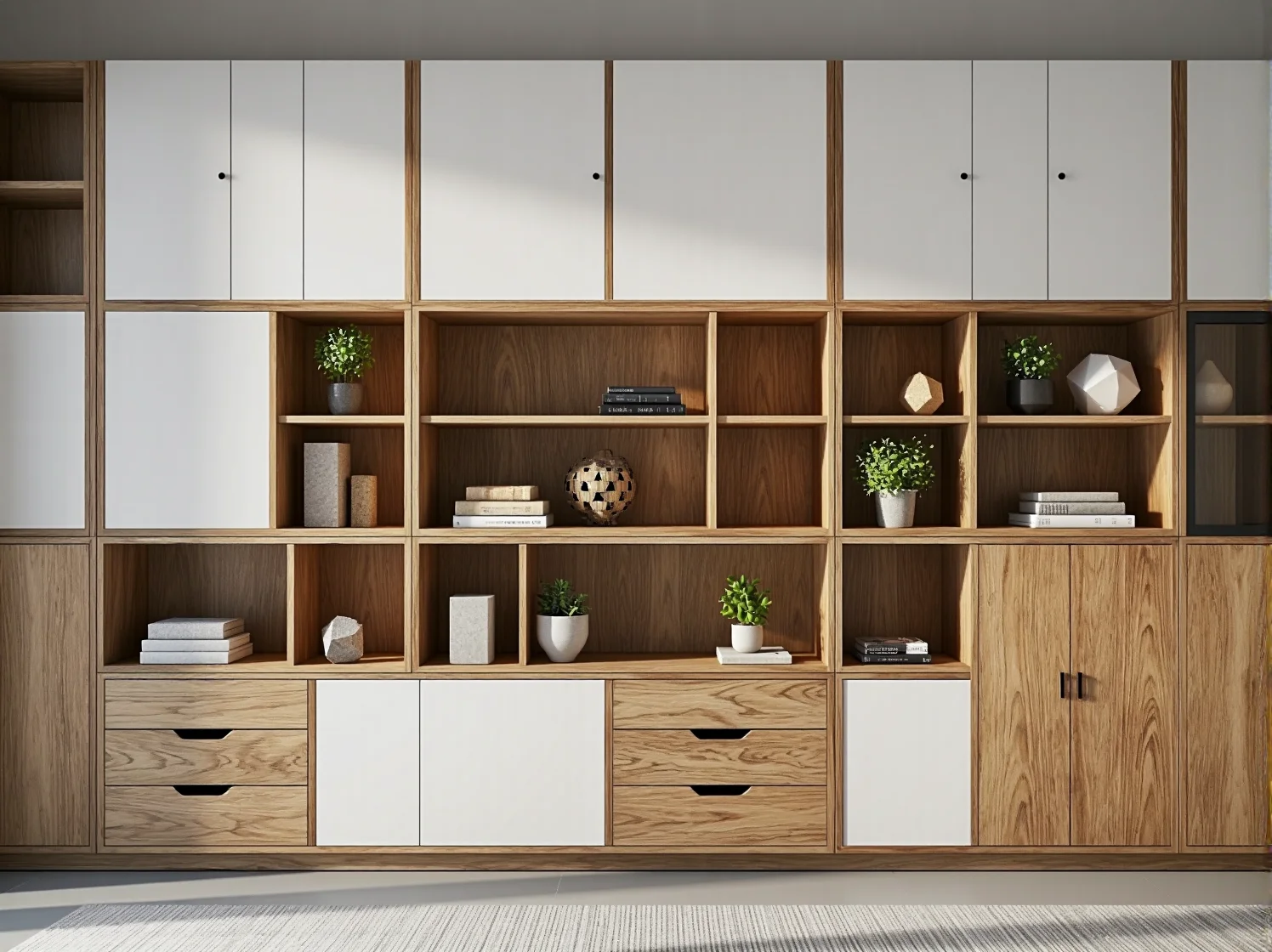 Biały regał modułowy – elastyczny system przechowywania w skandynawskim stylu do sypialni lub gabinetu.