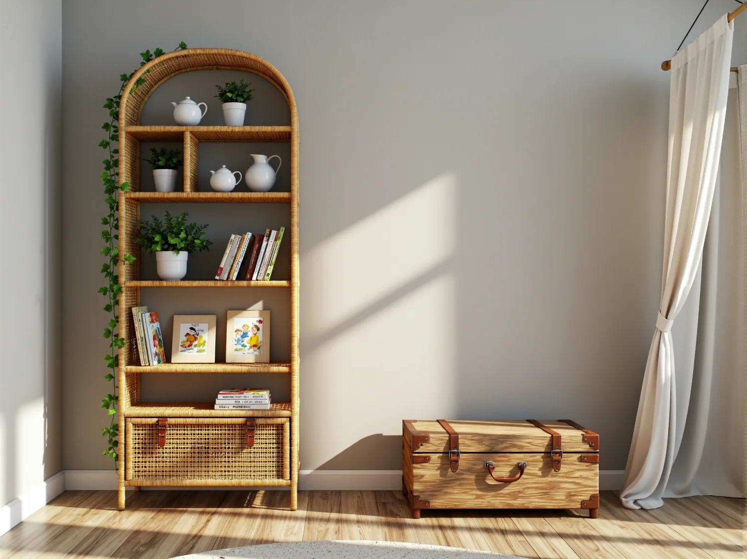 Biały regał Montessori na książki dla dzieci w jasnym i przytulnym pokoju boho.