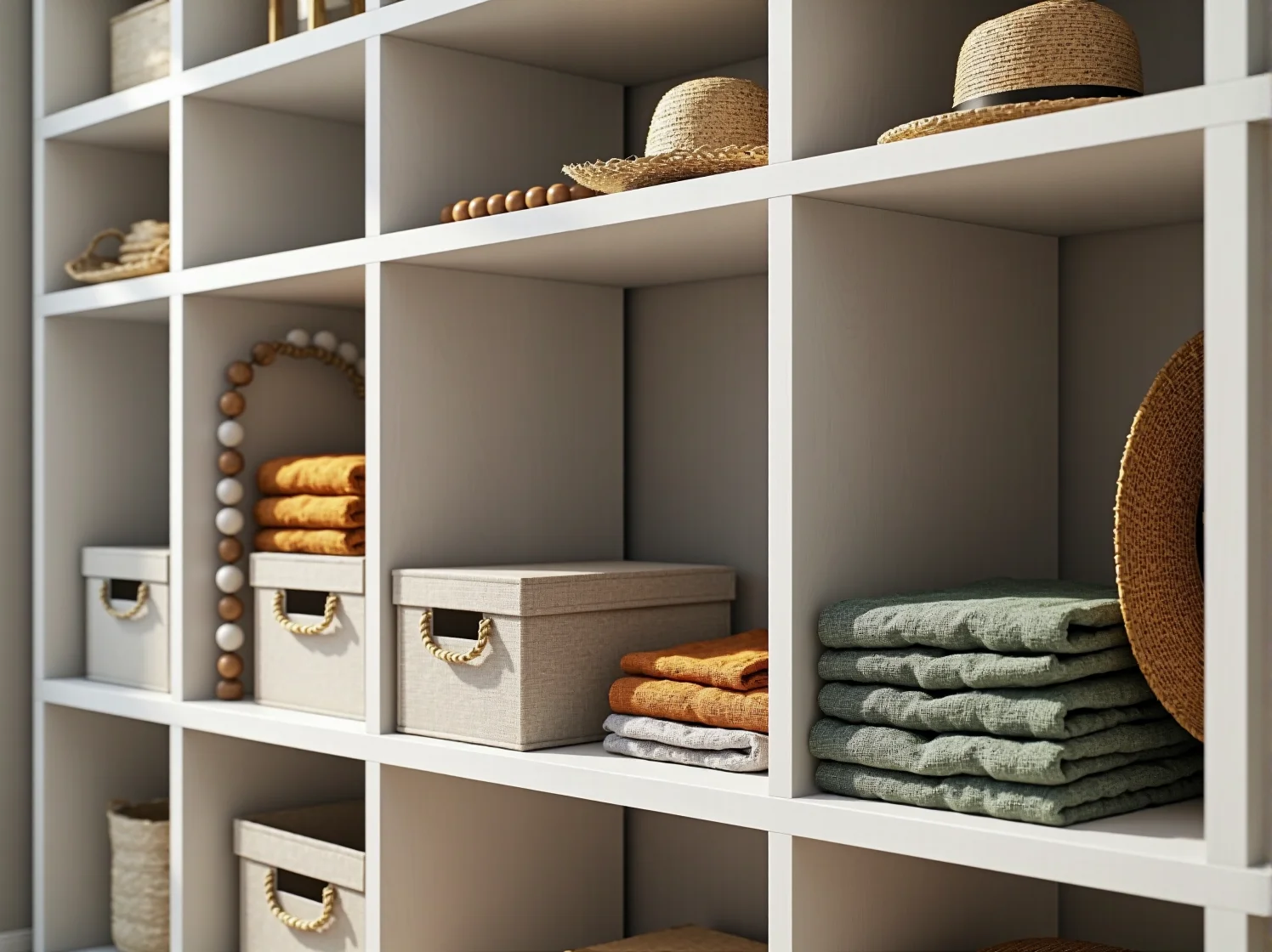 Funkcjonalny regał drewniany z otwartymi półkami w nowoczesnym pokoju dziecięcym boho.