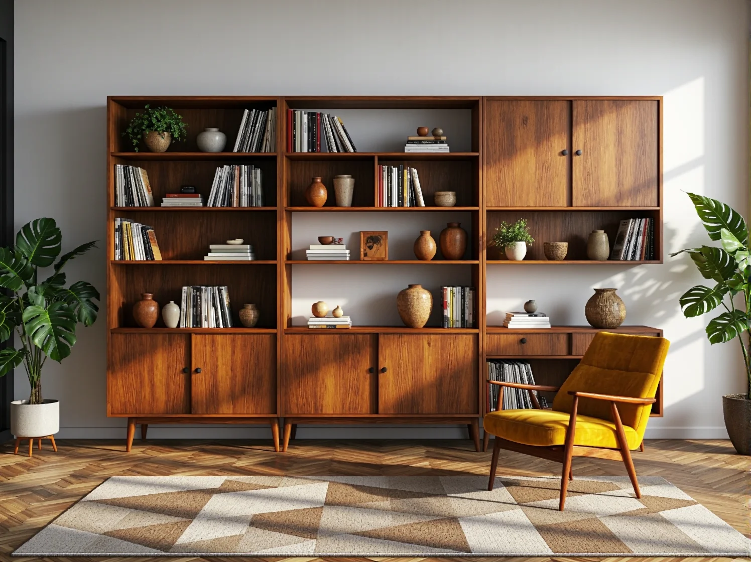 Regał drewniany retro orzech z otwartymi półkami i zamykanymi szafkami