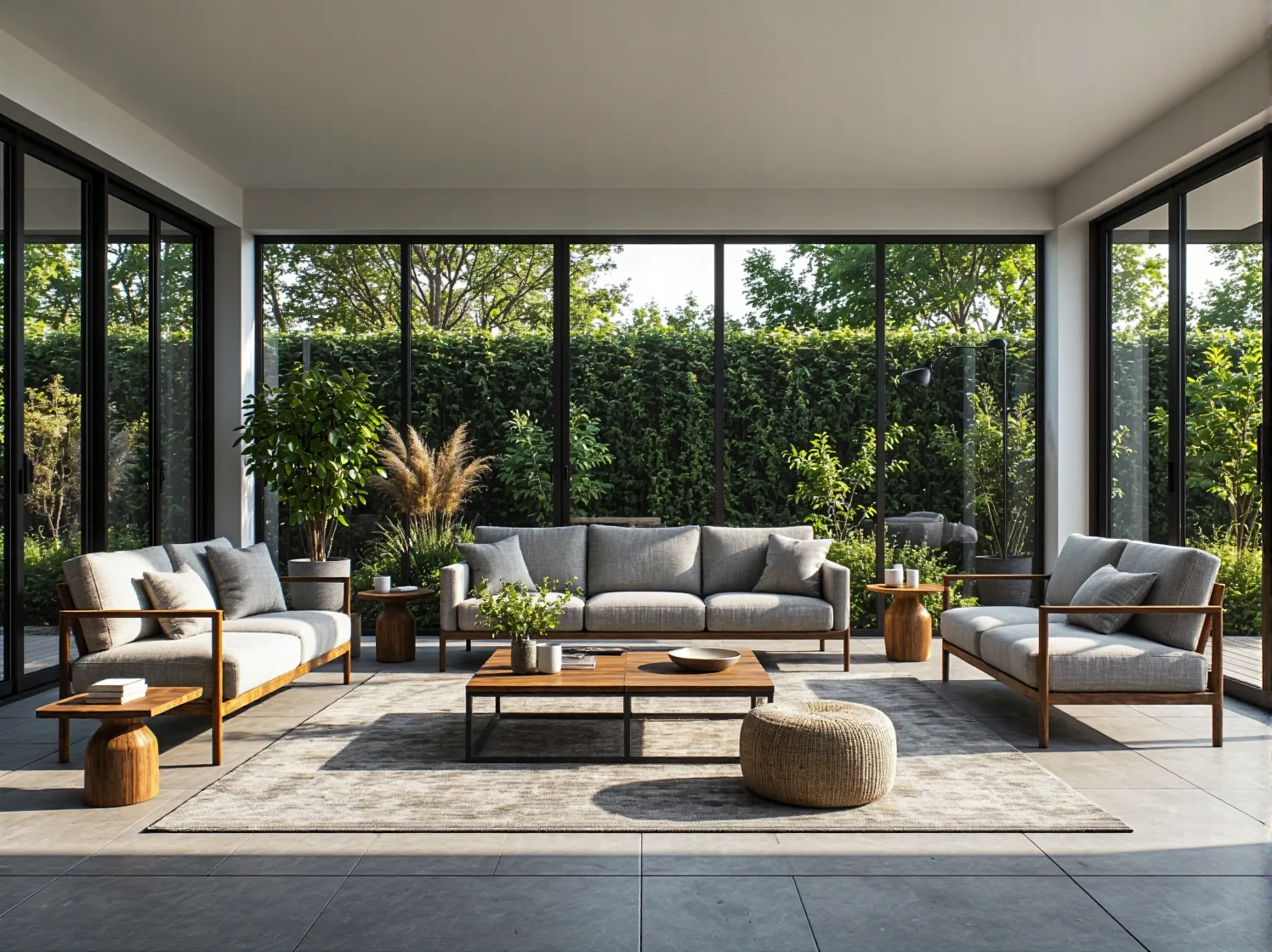 Drewniane meble ogrodowe z szarymi poduszkami i stolikiem kawowym