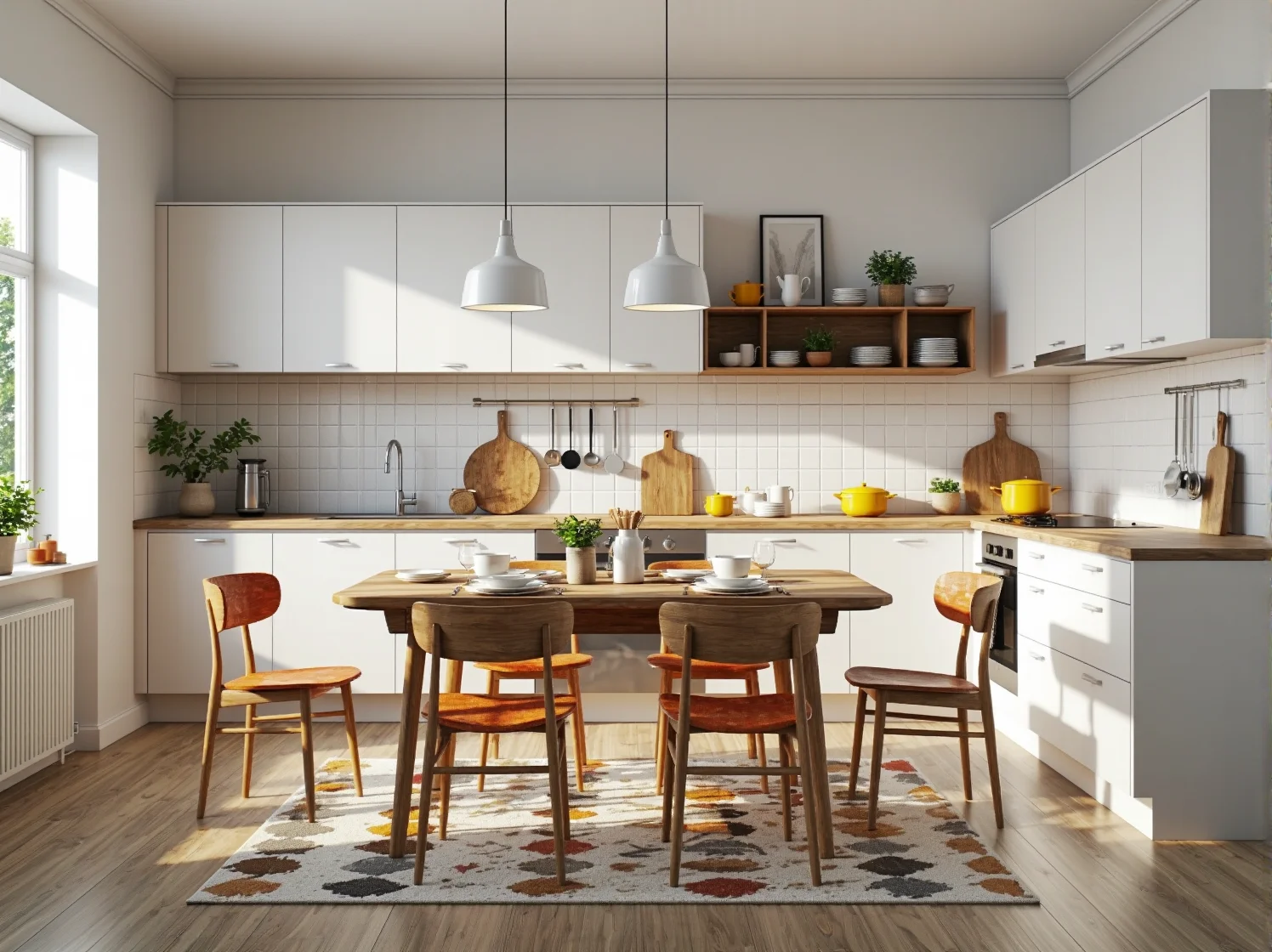 Drewniany stół jadalniany z krzesłami w stylu vintage z tapicerką