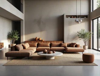 Narożna sofa modułowa w kolorach ziemi z metalowymi nóżkami