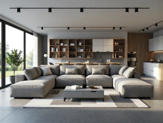 Szara sofa modułowa narożna z miękkimi poduszkami dekoracyjnymi